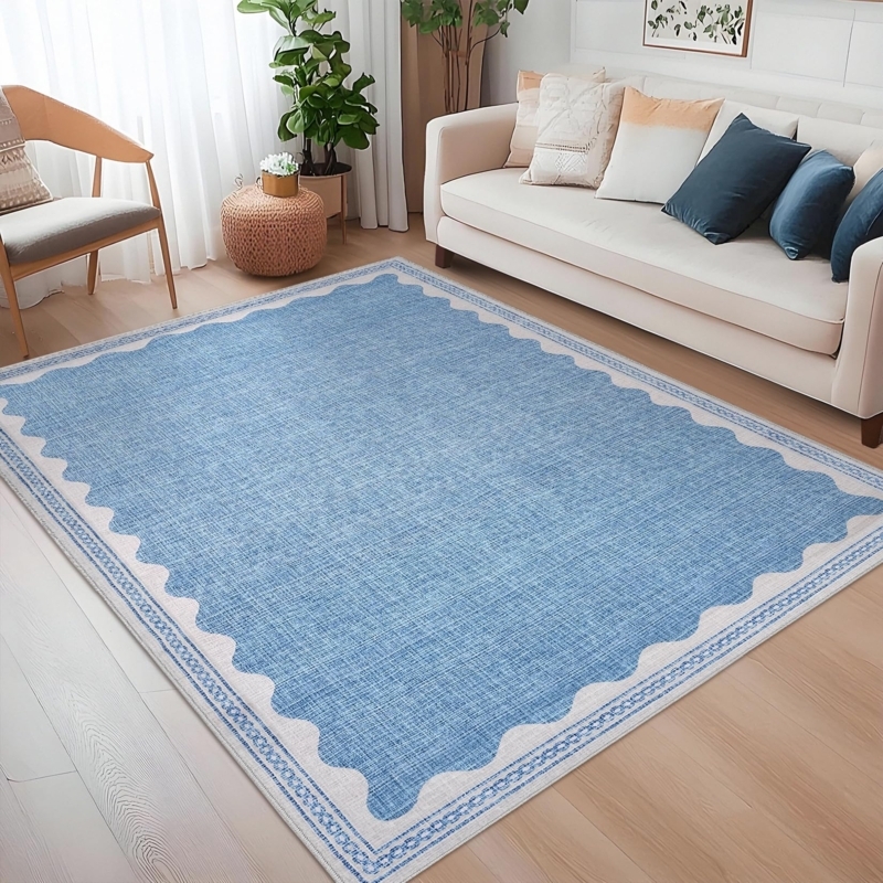 Area Rug Scalloped Edge Playful Coastal Nursery Floor Decor