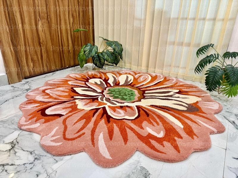 Area Rug Scalloped Edges, Flower Shaped, Tufted Pile, Botanical Bohemian Style