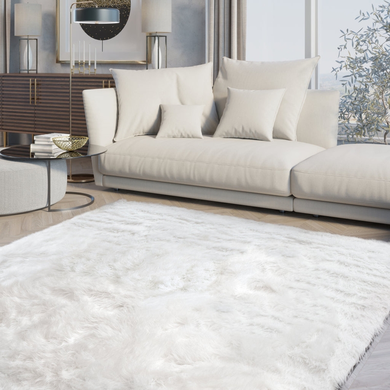 Area Rug Scalloped Edges Fluffy Faux Fur Scandinavian Pelt Style