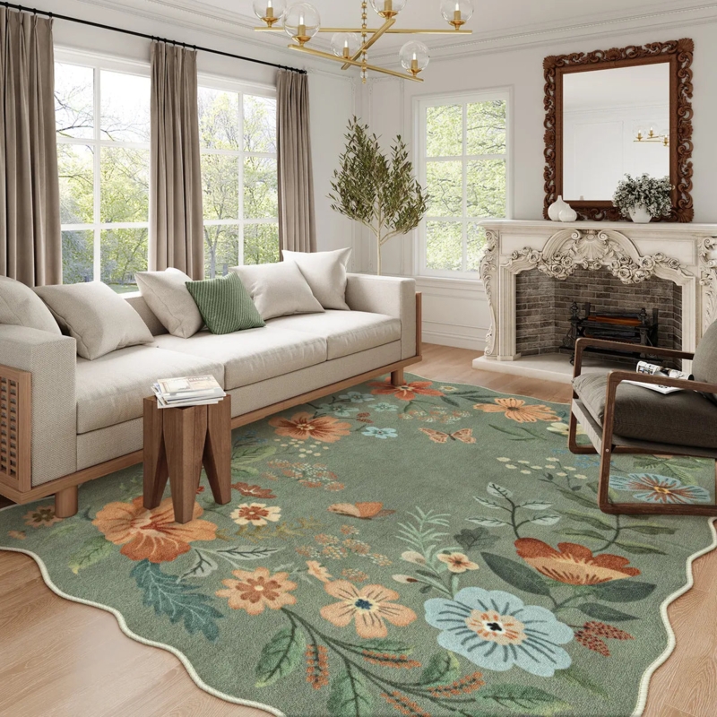 Area Rug Scalloped Edges Sage Green Floral Botanical