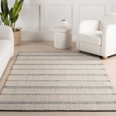 Area Rug Scandinavian Ivory Wool-Like Thin Stripe Fringe