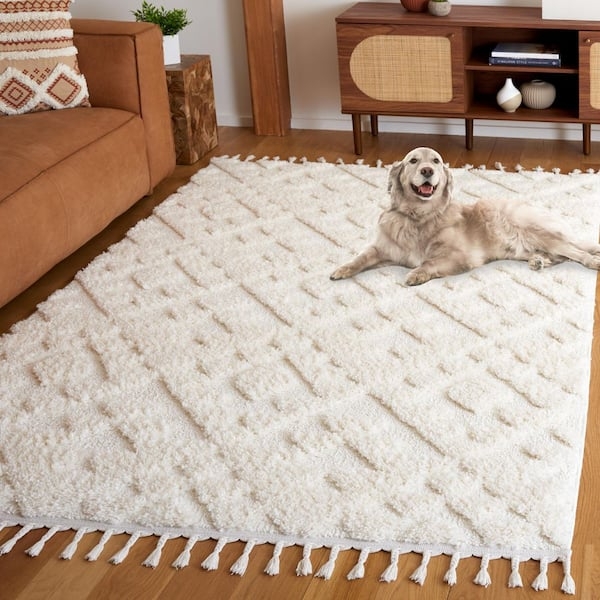 Area Rug Shag Geometric Design Braided Tassels Moroccan Living Room