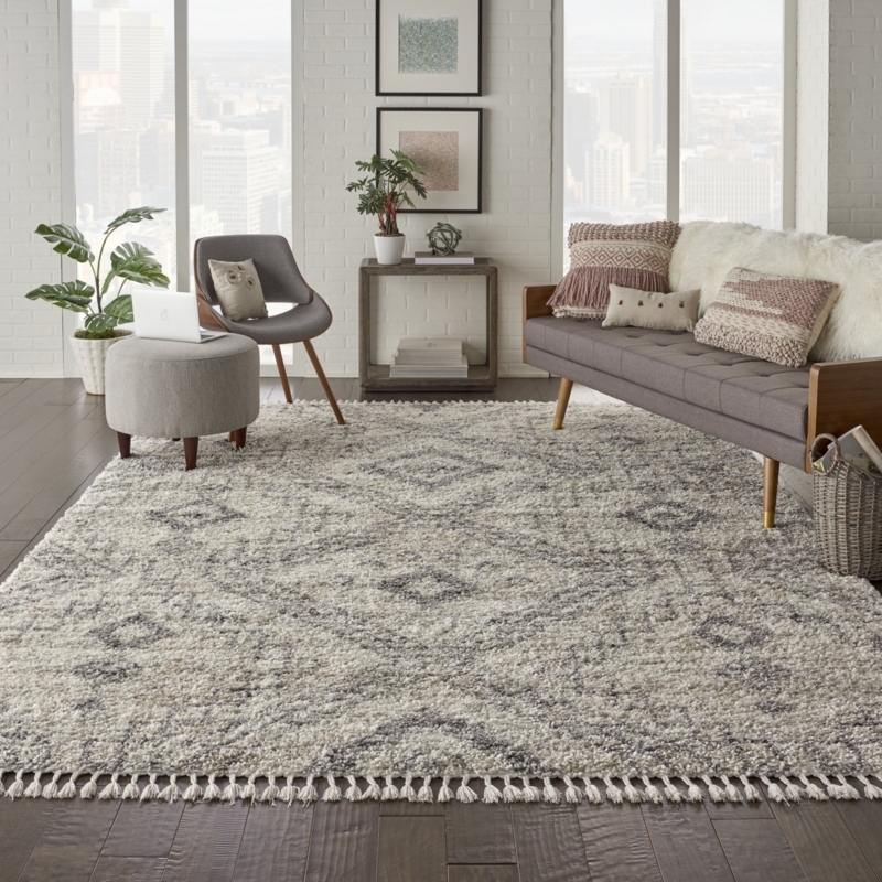 Area Rug Shag Ivory Diamond Trellis Pattern Cozy Living Room