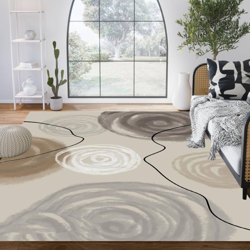 Area Rug Shag Pile Abstract Minimalist Lines Ivory Beige Plush High