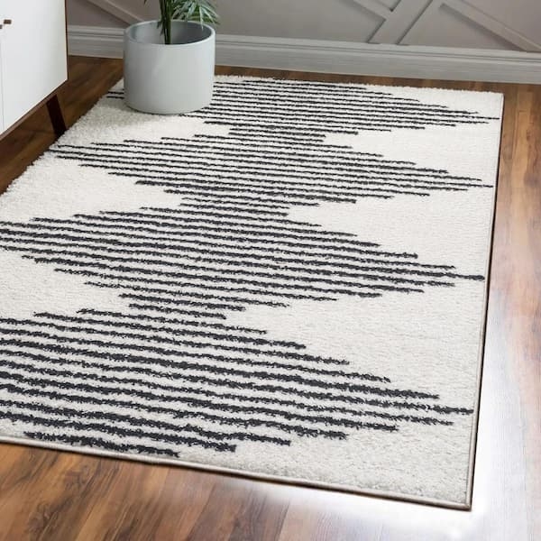 Area Rug Shag Pile Geometric Diamond Stripe Plush Texture
