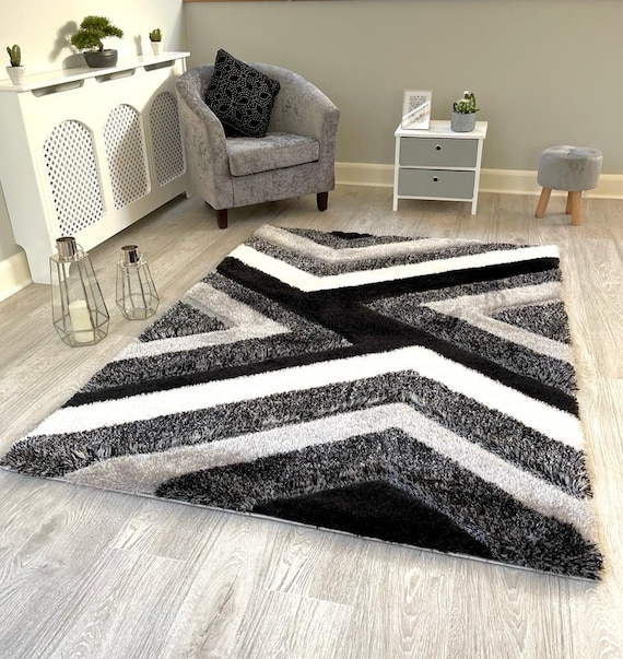 Area Rug Shag Pile Ivory Grey Tufted Lines Geometric Design