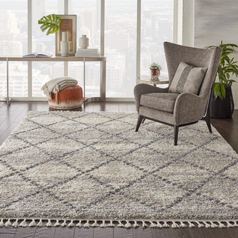 Area Rug Shag Plush Ivory Grey Charcoal Geometric Motif Decor