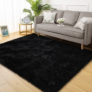 Area Rug Shag Texture Deep Black Color High Pile Plush