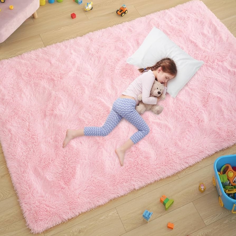 Area Rug Shaggy Pile Pastel Pink Soft Nursery Decor