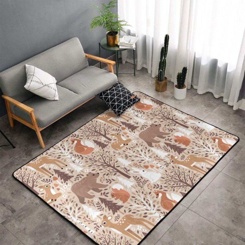 Area Rug Shaggy Pile Woodland Animal Motif Neutral Tones