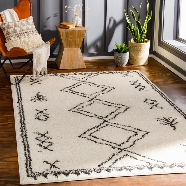 Area Rug Shaggy Texture Cream Diamond Trellis Boho Scandinavian Decor