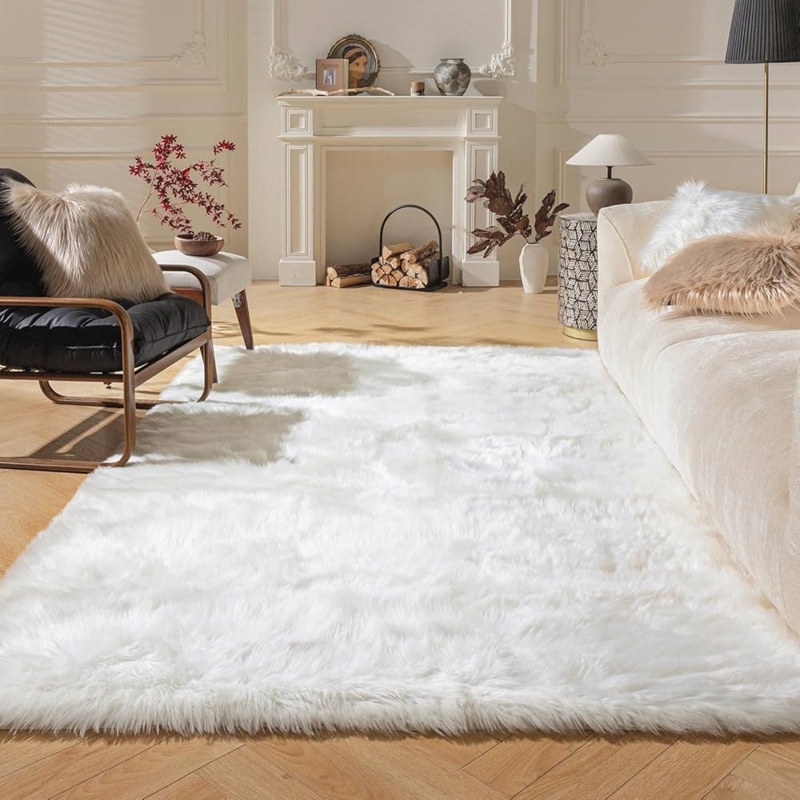 Area Rug Shaggy Ultra Plush Pile Faux Fur Look Modern Glam White