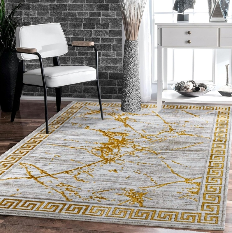 Area Rug Shimmering Gold Marble Pattern Cream Luxurious Decor