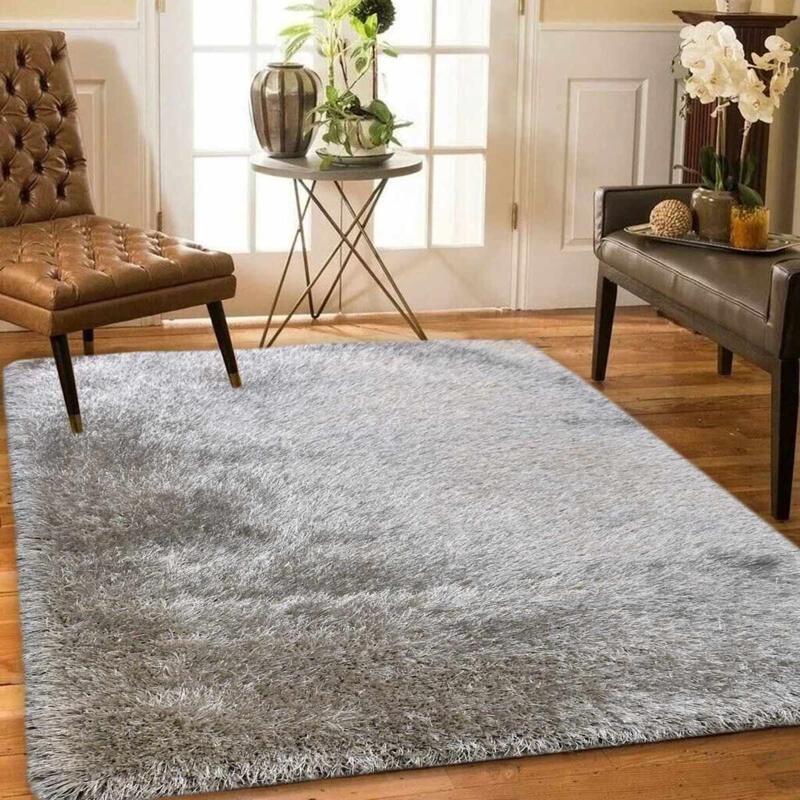 Area Rug Shimmering Silver Shag Texture High Pile Modern Glam