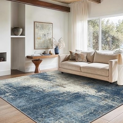 Area Rug Slate Blue Distressed Vintage Inspired Low Pile