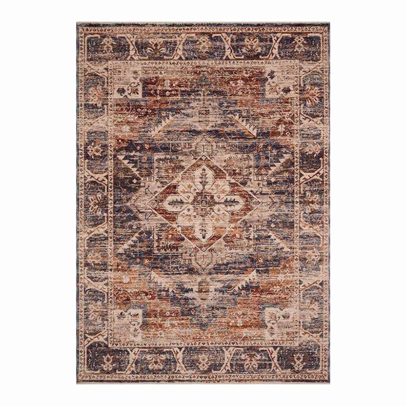 Area Rug Slate Blue Rust Distressed Traditional Farmhouse Low Pile