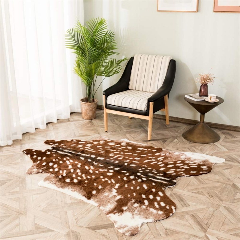 Area Rug Small Faux Sika Deer Hide Print Irregular Shape Rustic Modern