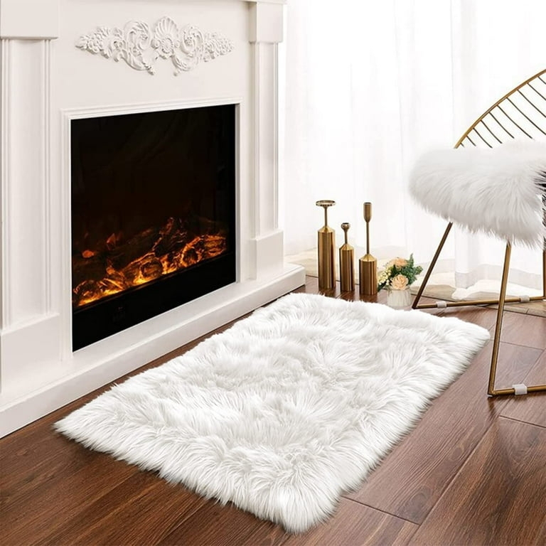 Area Rug: Small White Rectangular Fluffy Faux Fur for Nursery