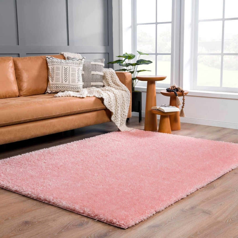 Area Rug: Soft Pink Shag Texture, Washable Plush Living Room Accent