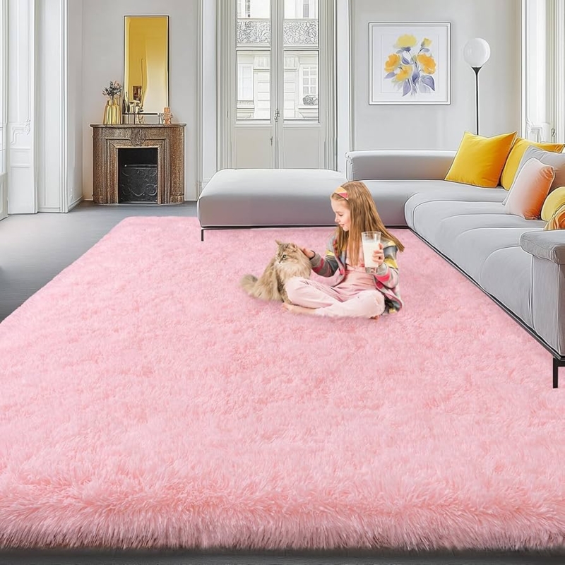 Area Rug: Soft Pink Shaggy High Pile, Large Bedroom Styling