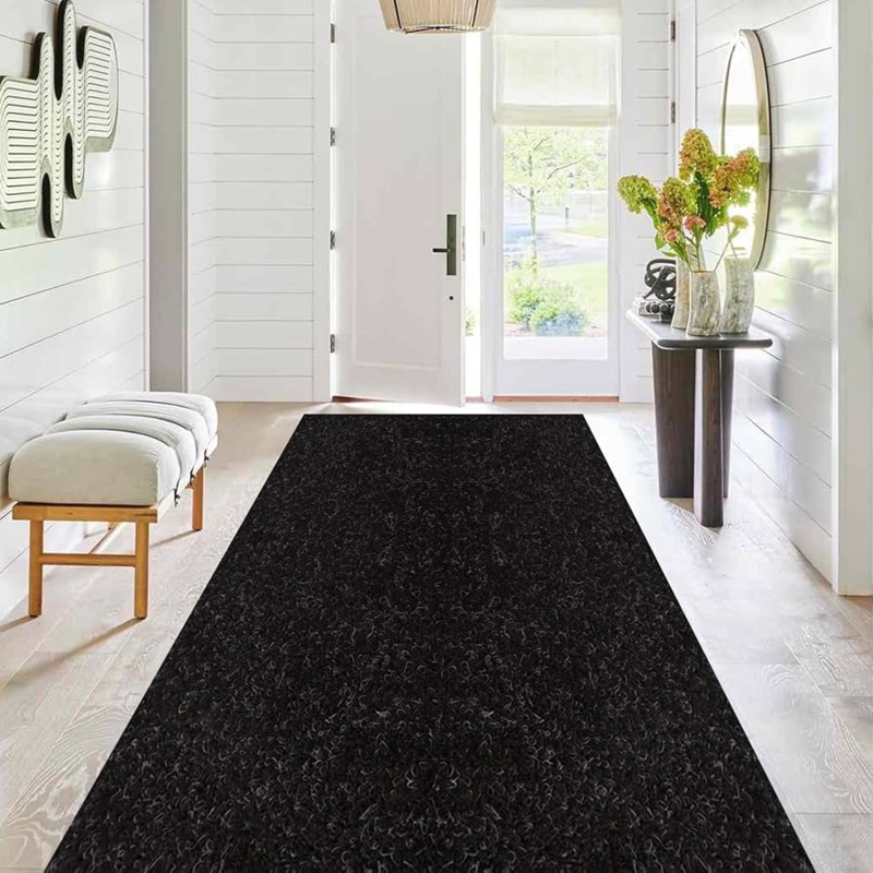 Area Rug Solid Black Color Woven Low Profile Modern Patio Deck