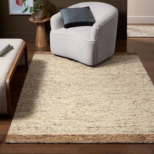 Area Rug Solid Border Beige Light Brown Handcrafted Wool Minimalist