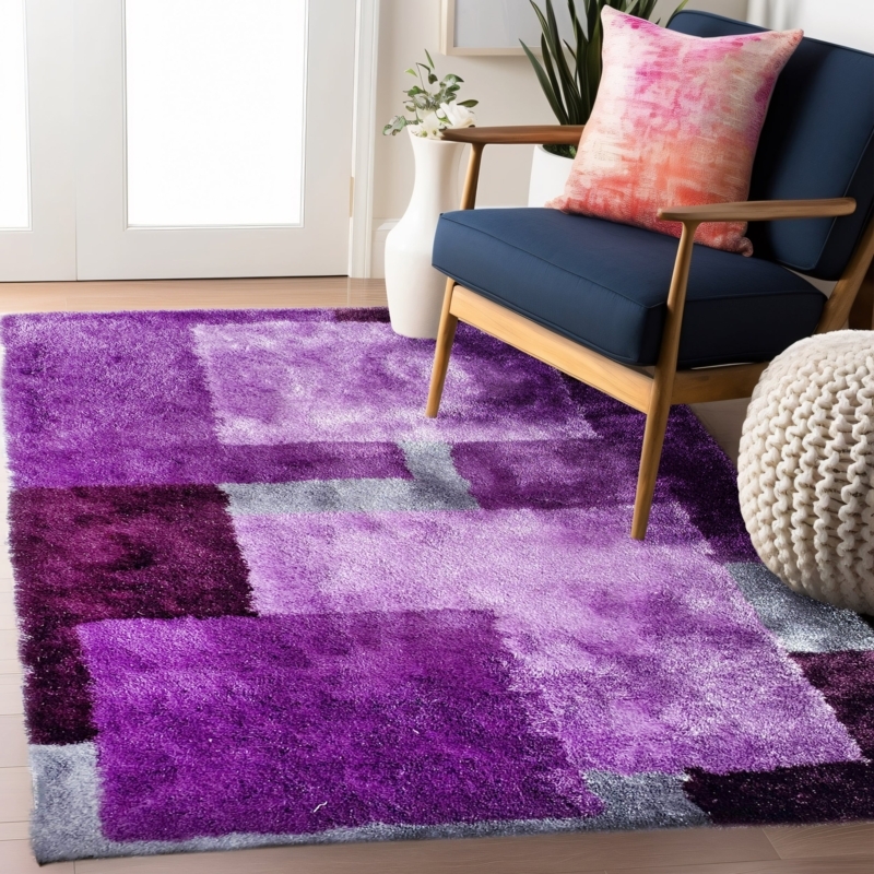 Area Rug Solid Color Vibrant Purple Shag Texture High Pile