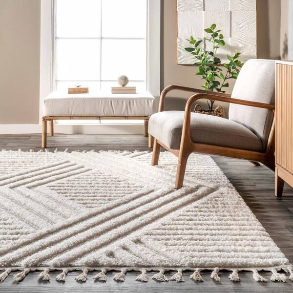 Area Rug Solid Ivory High Pile Shag Texture Contemporary Ivory Area Rug