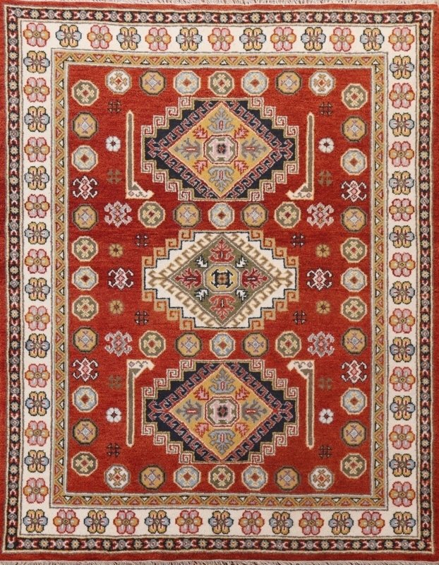 Area Rug Southwestern Kazak Crimson Plush Geometric Fringe