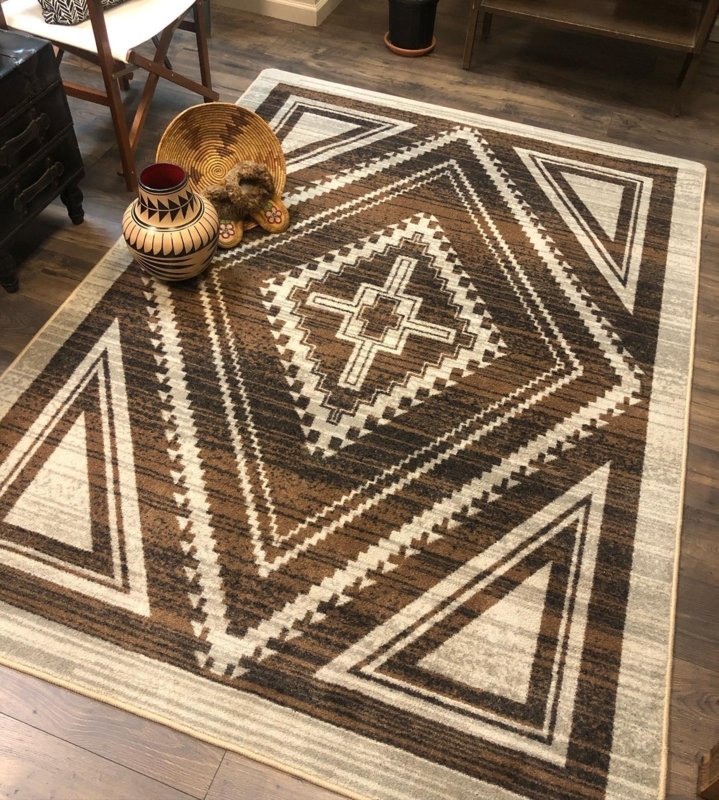 Area Rug Southwestern Motif Geometric Border Low Pile Earthen Palette Cabin Decor