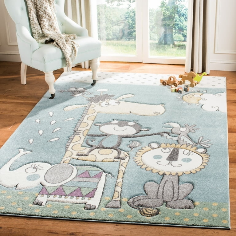 Area Rug Square Shape Carousel Animal Motif Ivory Blue
