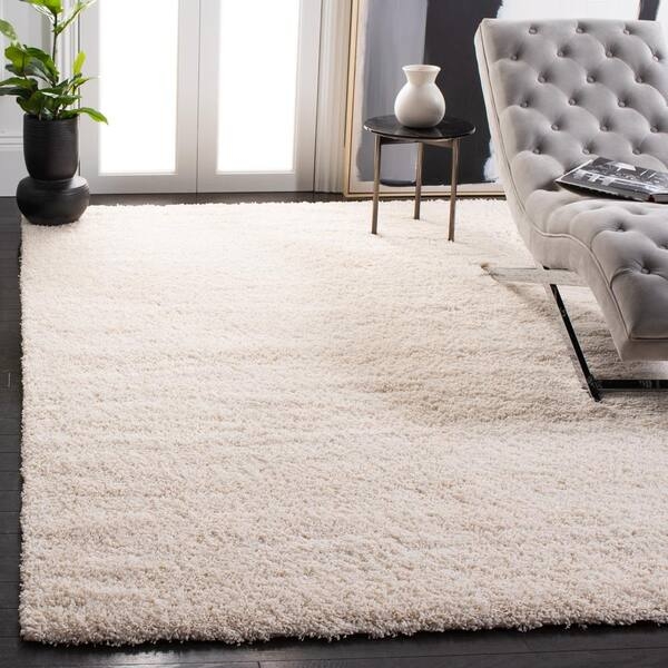 Area Rug: Square Shape Ivory Shag High Pile Contemporary Plush