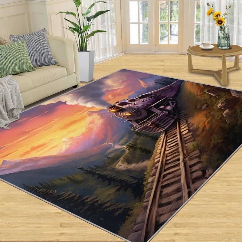 Area Rug Steam Train Graphic Mountain Scenery Rustic Decor
