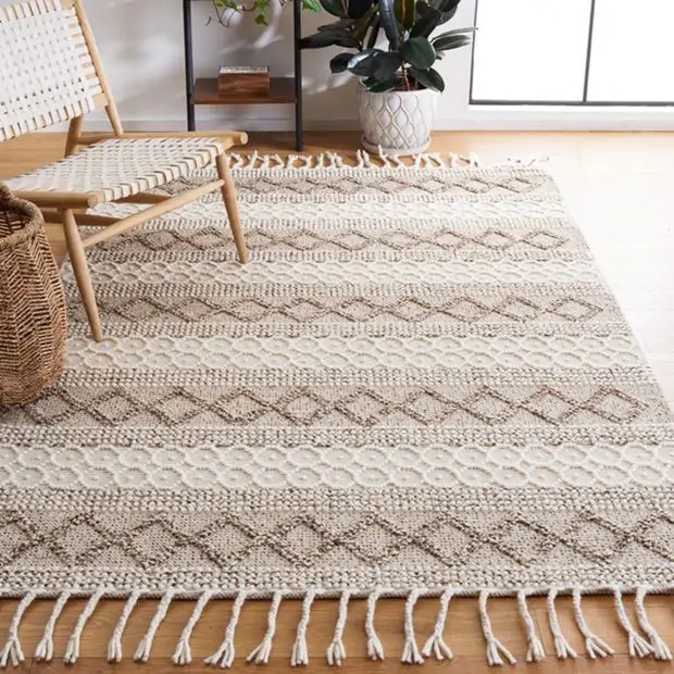 Area Rug Striped Tasseled Fringe Modern Farmhouse Ivory