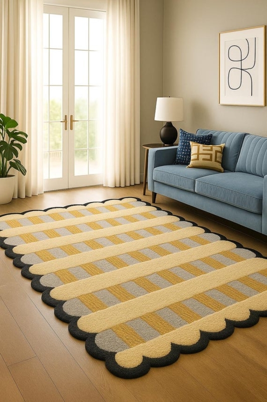 Area Rug Striped Tufted Wool Blend Scalloped Edge Mustard Gray