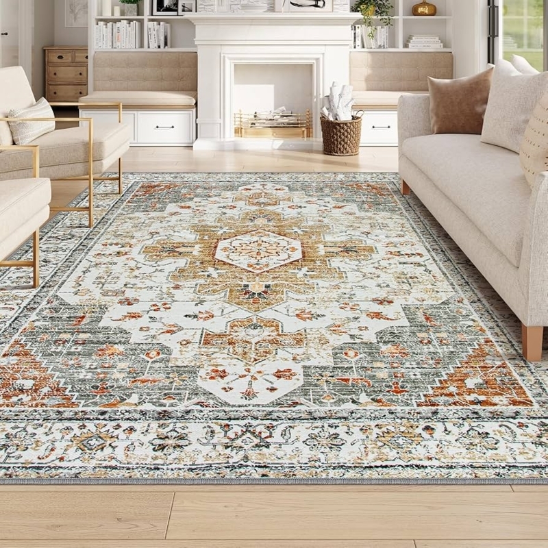 Area Rug, Sun-Faded Gold Medallion, Distressed, Washable Low Pile