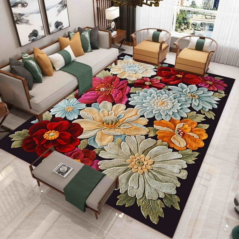 Area Rug Sunflower Motif, High Contrast Palette, Serged Edges, Rectangular Floral