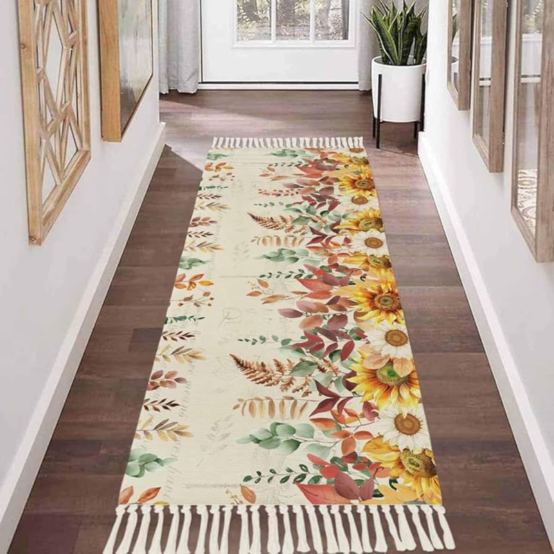 Area Rug Sunflower Motif Tassel Fringe Autumn Farmhouse Entryway Decor
