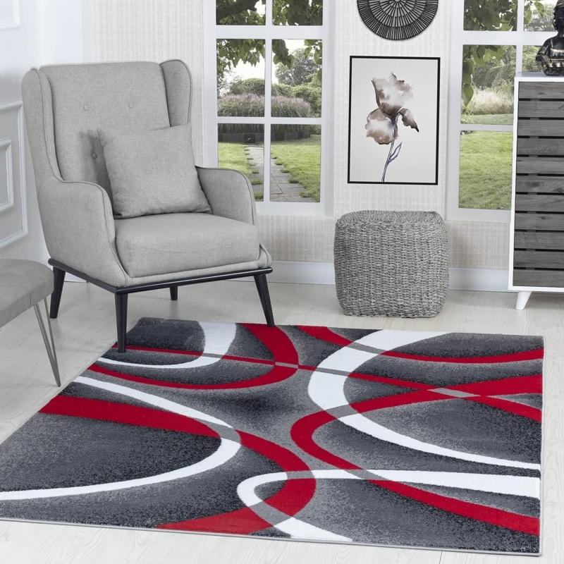 Area Rug Swirl Pattern Red Accent High Contrast Contemporary Bold.