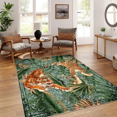 Area Rug Symmetrical Tiger Print Teal Brown Botanical Boho