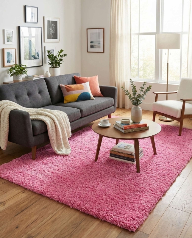 Area Rug: Taffy Pink High Pile Shag, Symmetrical Bedroom Layout