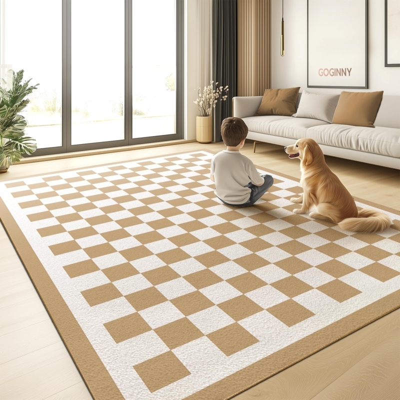 Area Rug: Tan Checkerboard Low Pile Modern Boho Minimalist Styling