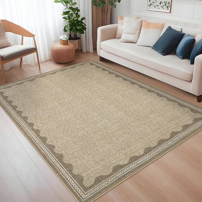 Area Rug Tan Scalloped Edge Washable Low Pile Modern Organic