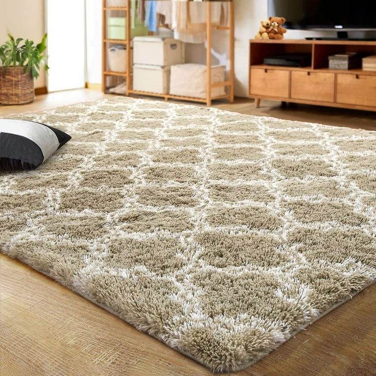 Area Rug Tan White Speckled High Pile Shag Plush Shag Bedroom Rug