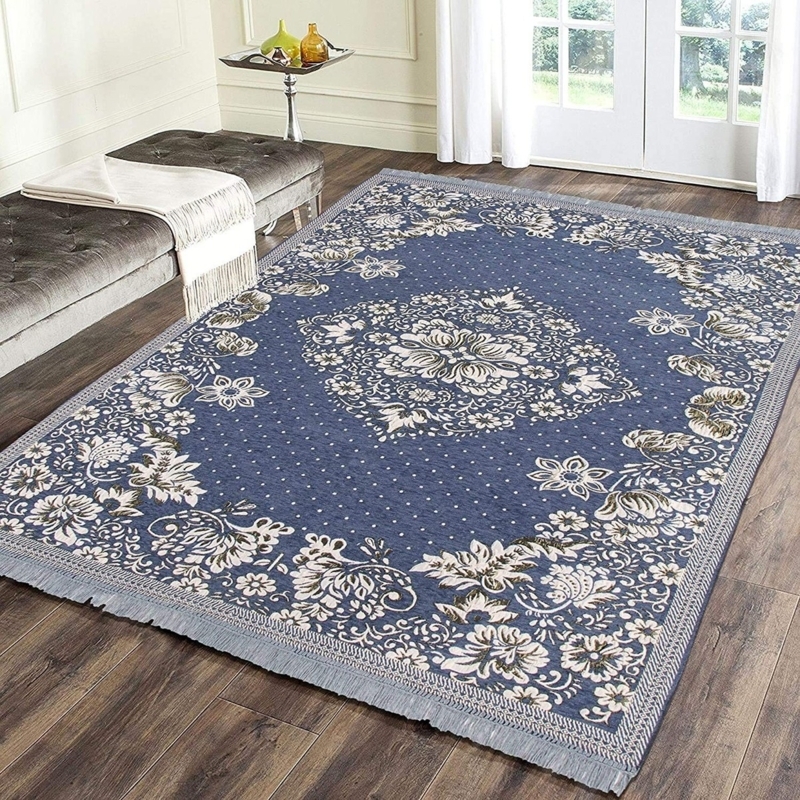 Area Rug Tasseled Fringe Floral Medallion Grey Chenille Traditional