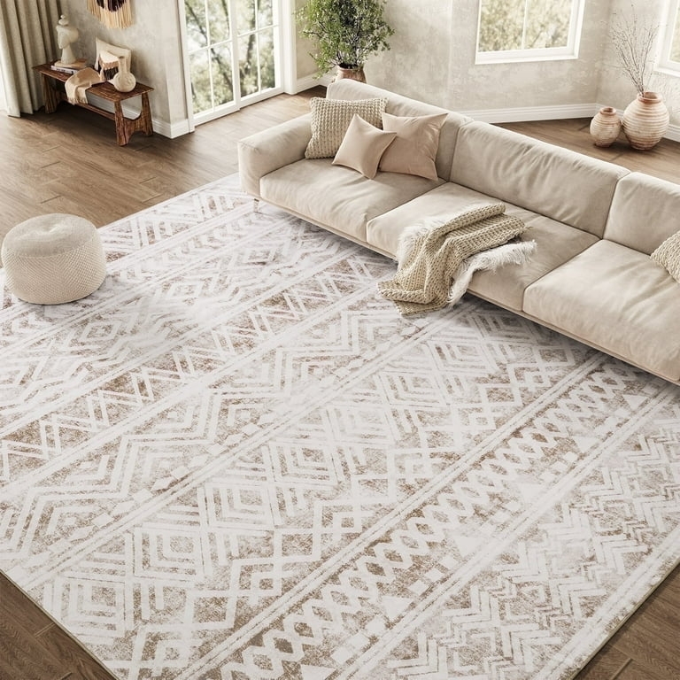 Area Rug Taupe Arched Geometric Motif Low Pile Modern Minimalist Decor