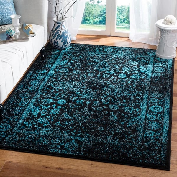 Area Rug Teal And Black Palette Distressed Weathered Look Industrial