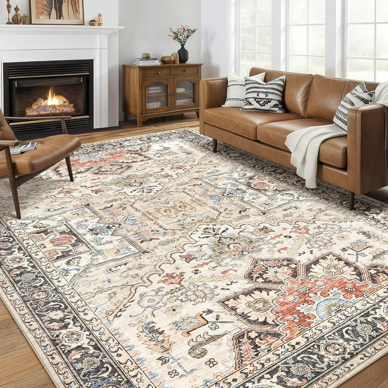 Area Rug Teal Floral Medallion Oriental Pattern Distressed Boho Style