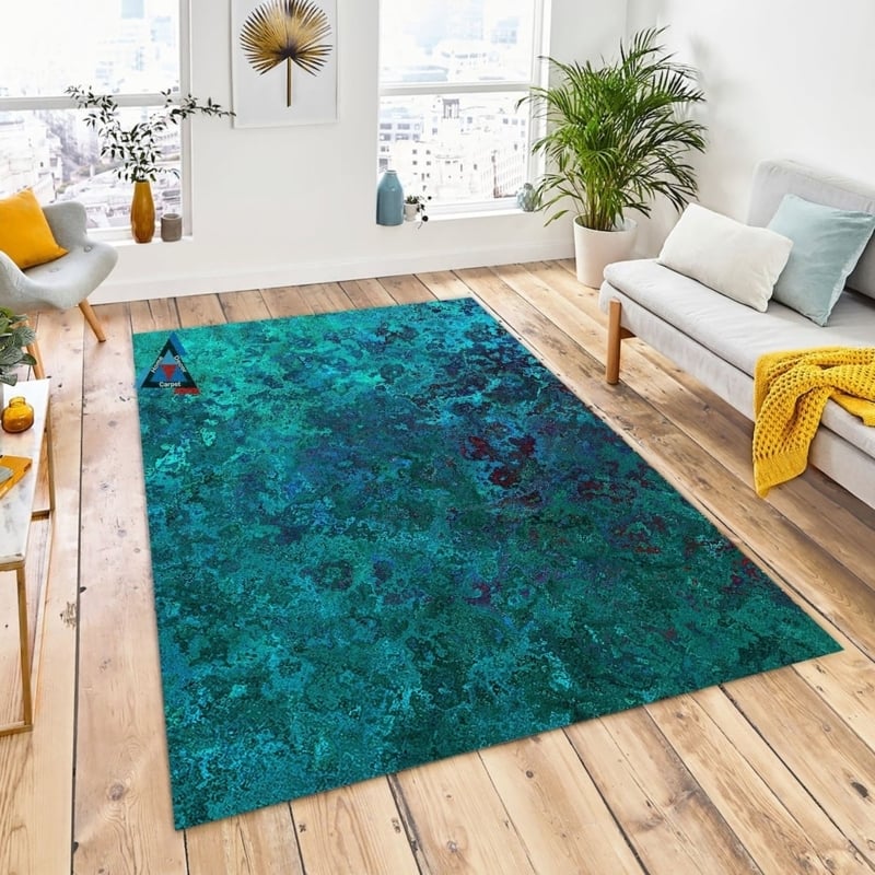 Area Rug Teal Marble Pattern Gold Accents Modern Glam Living Room