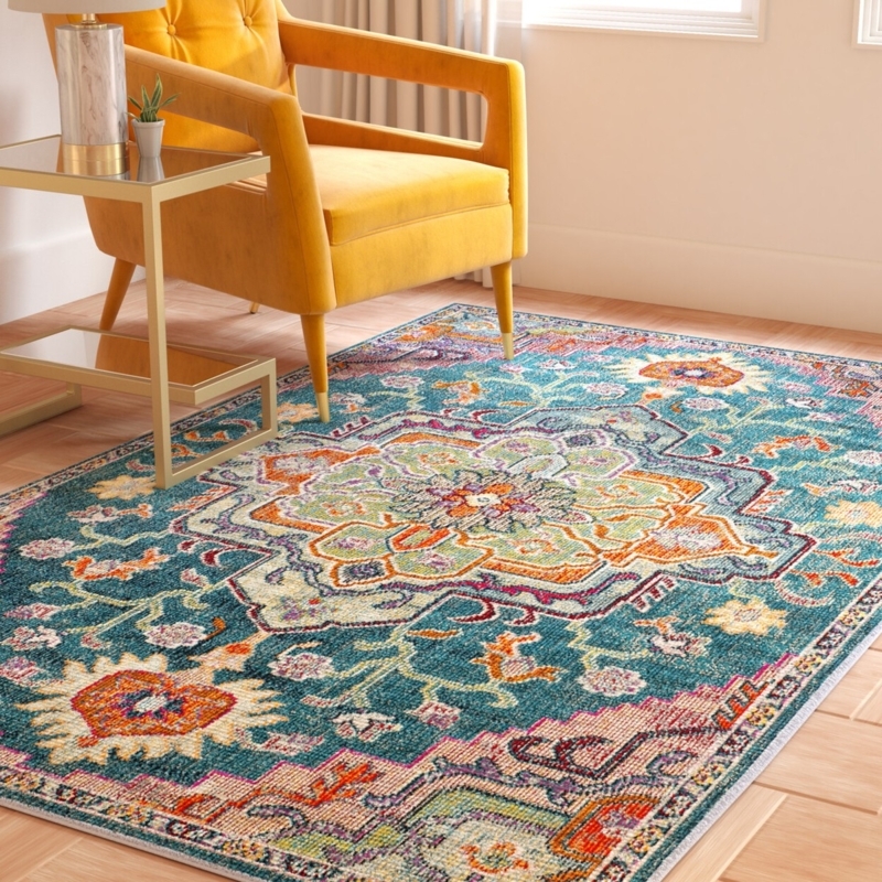 Area Rug Teal Rose Palette Distressed Oriental Motif Boho Chic Style